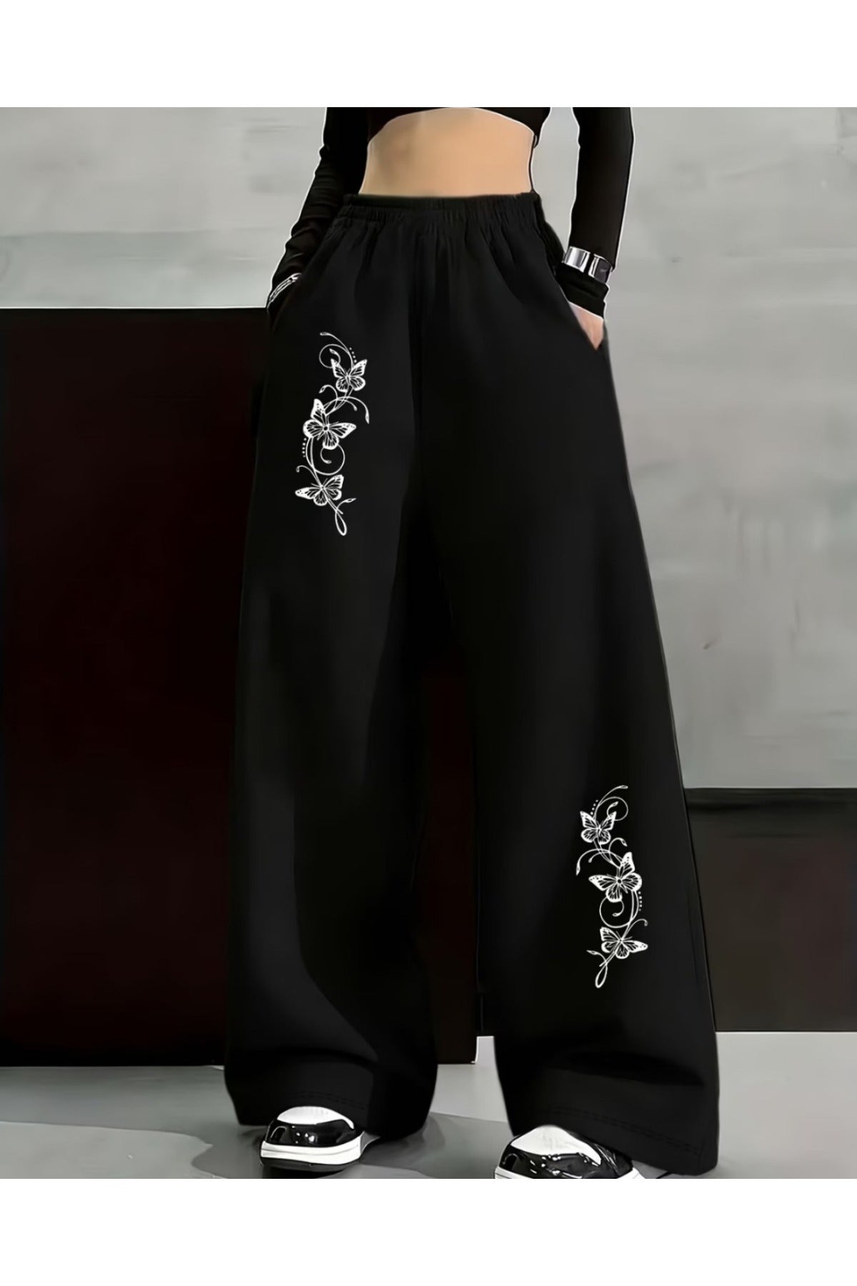 Butterfly Detail Baskılı Oversize Baggy Eşofman Altı