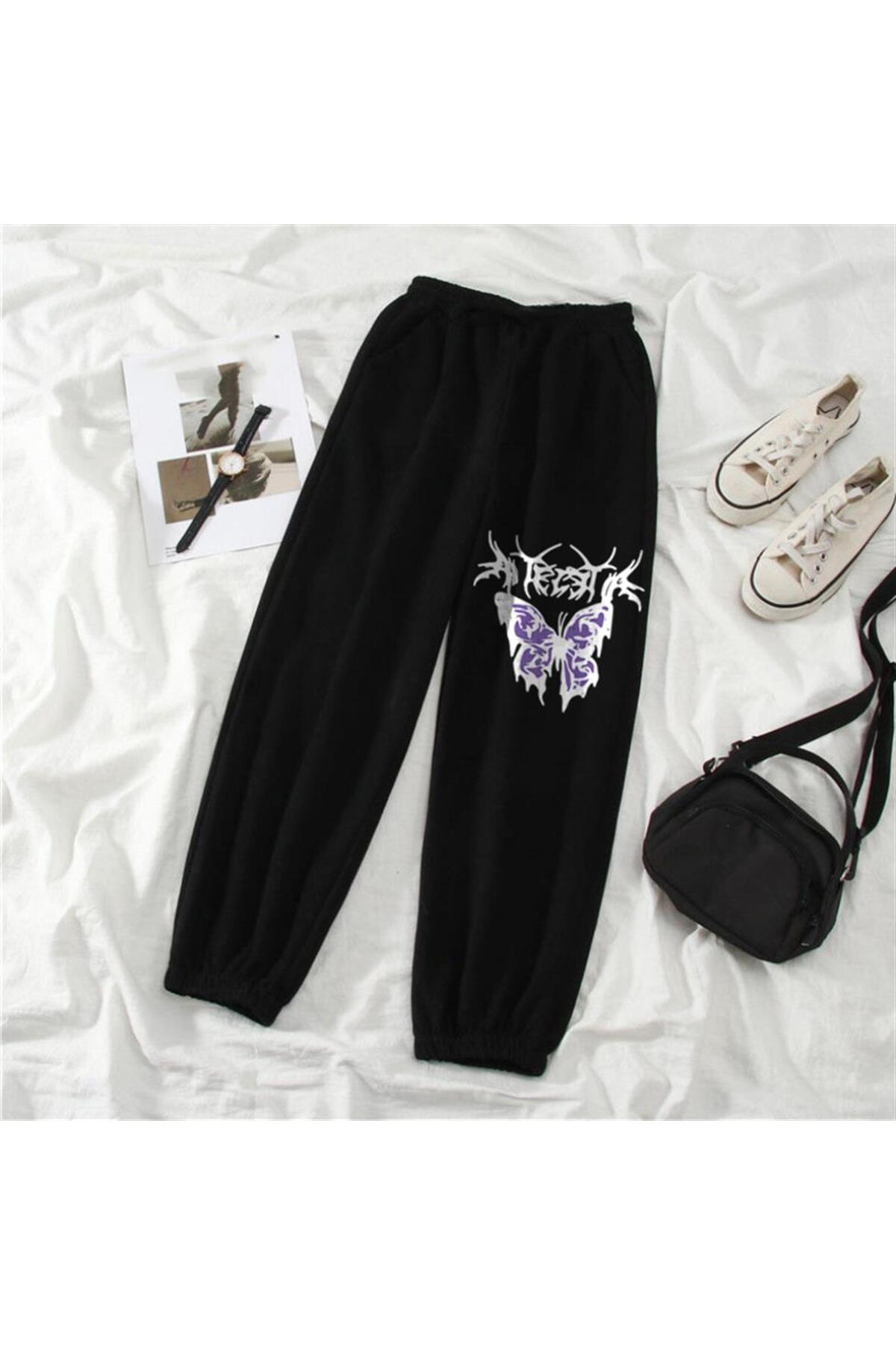 Gothic Purple Butterfly Baskılı Oversize Unisex Siyah Eşofman Altı