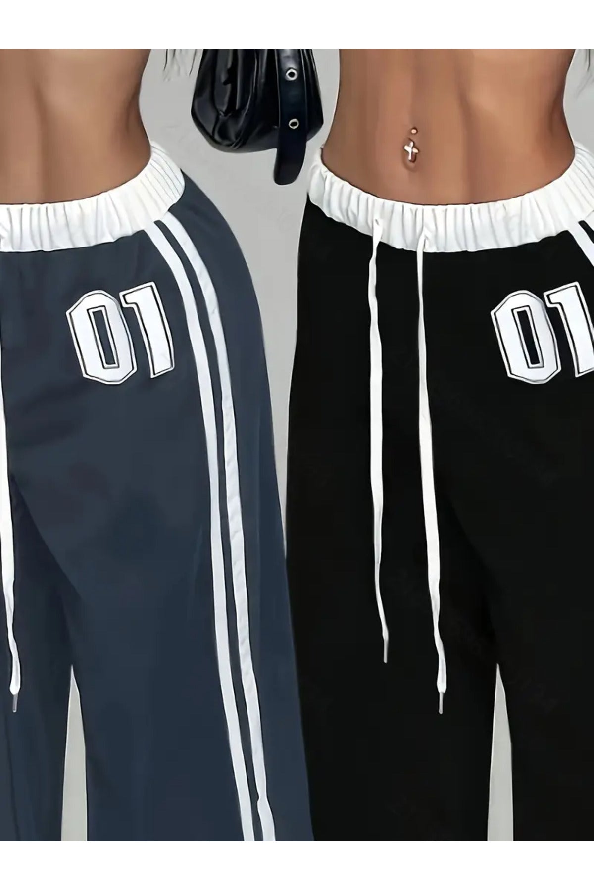 01 Number Oversize Bel İp Detaylı Lacivert Baggy Eşofman Altı
