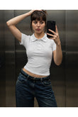 Polo Yaka Düğmeli Kısa Kollu Crop T-Shirt - Beyaz