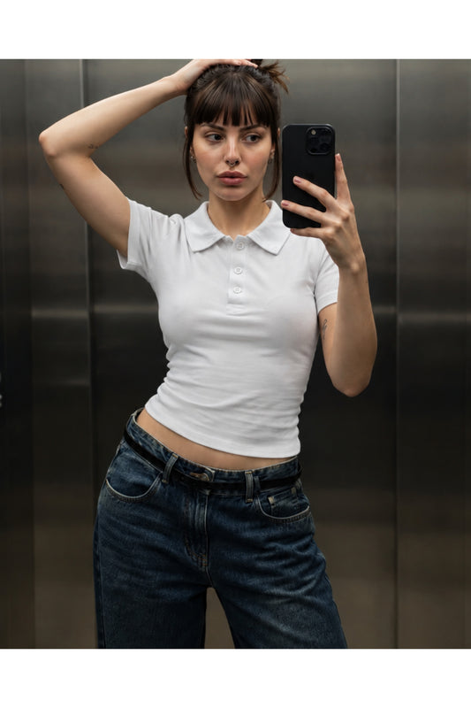 Polo Yaka Düğmeli Kısa Kollu Crop T-Shirt - Beyaz