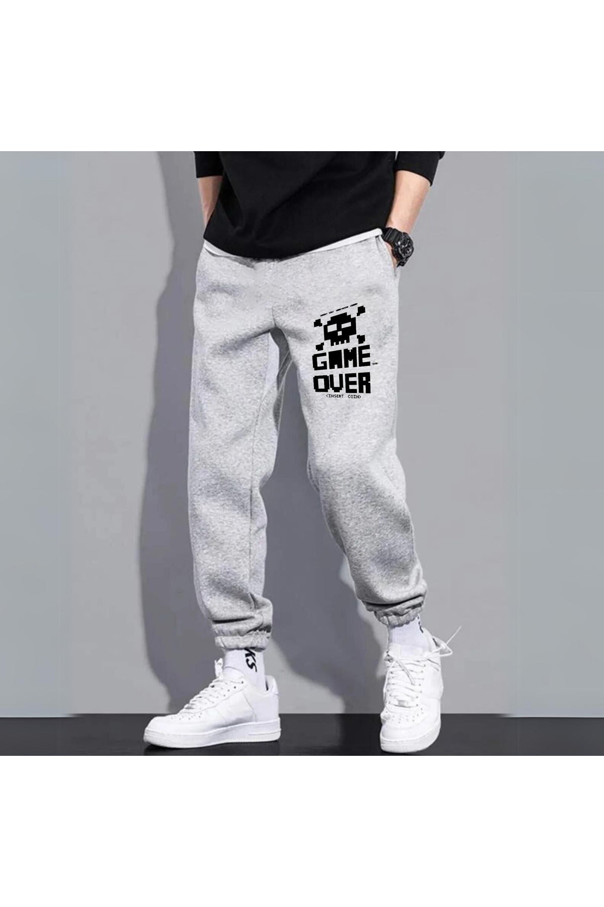 Game Over Baskılı Unisex Gri Eşofman Altı
