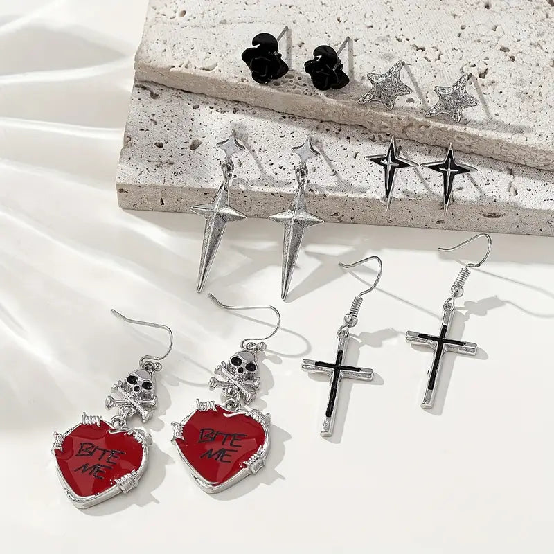 6 Çift Gothic Red Küpe Seti