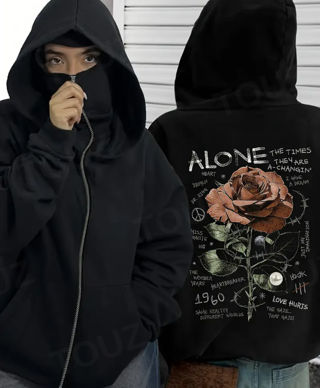Alone Maske Detaylı Oversize Fermuarlı Siyah Unisex Kapüşonlu Hırka