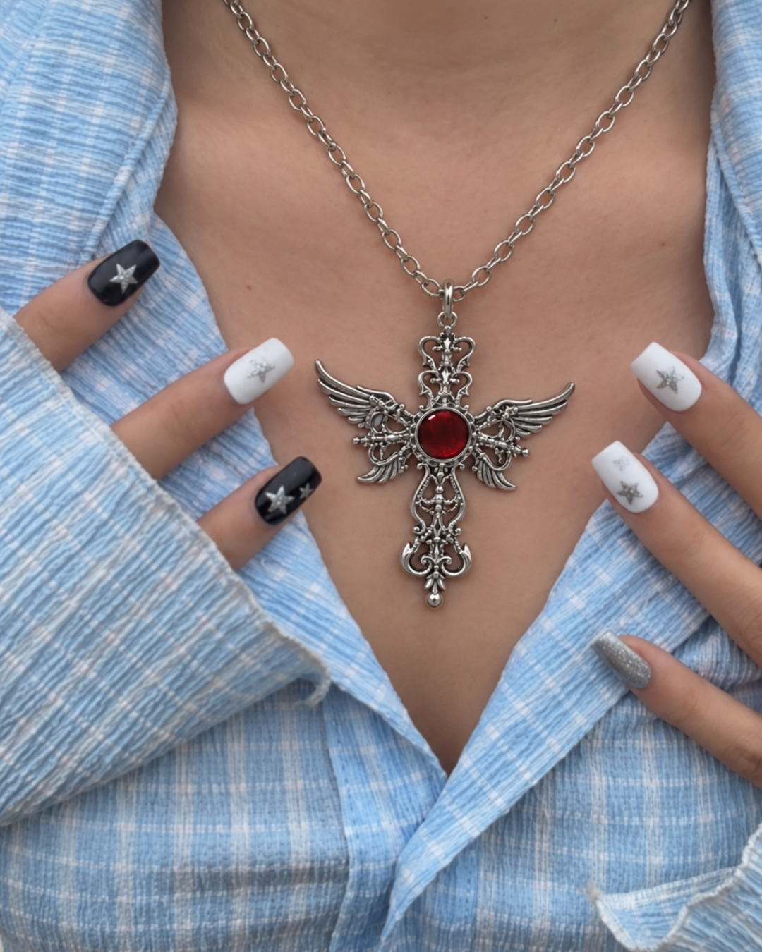 Vampire Romance Red Gem Cross Kolye