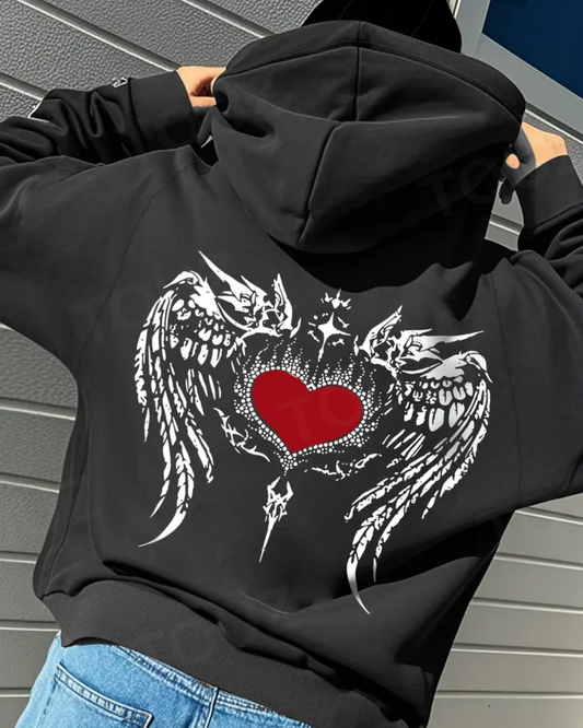 Angel Heart Maske Detaylı Oversize Fermuarlı Siyah Unisex Kapüşonlu Hırka