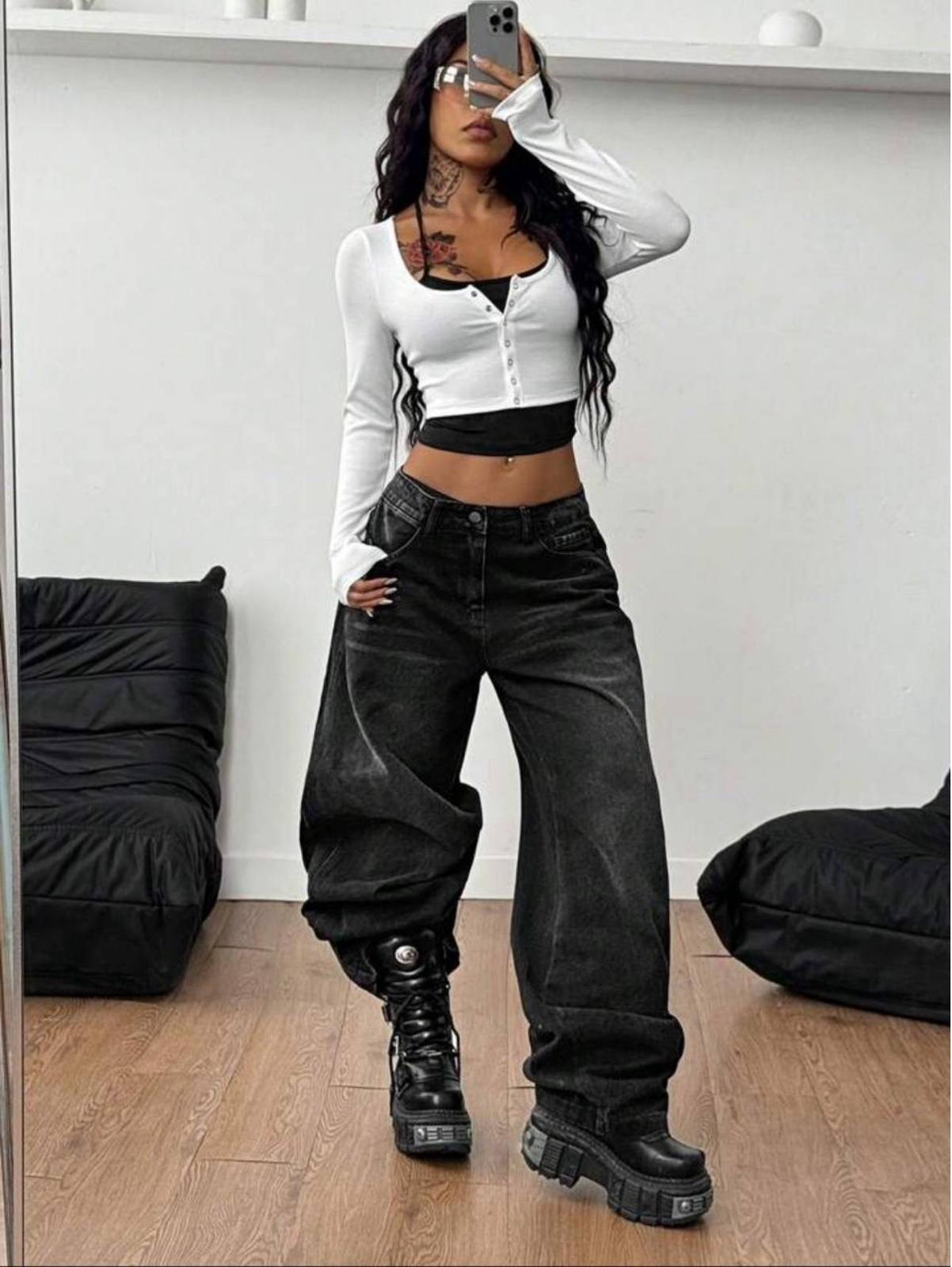 Y2K SnapFit Body Çıtçıt Detaylı Uzun Kollu Full Crop