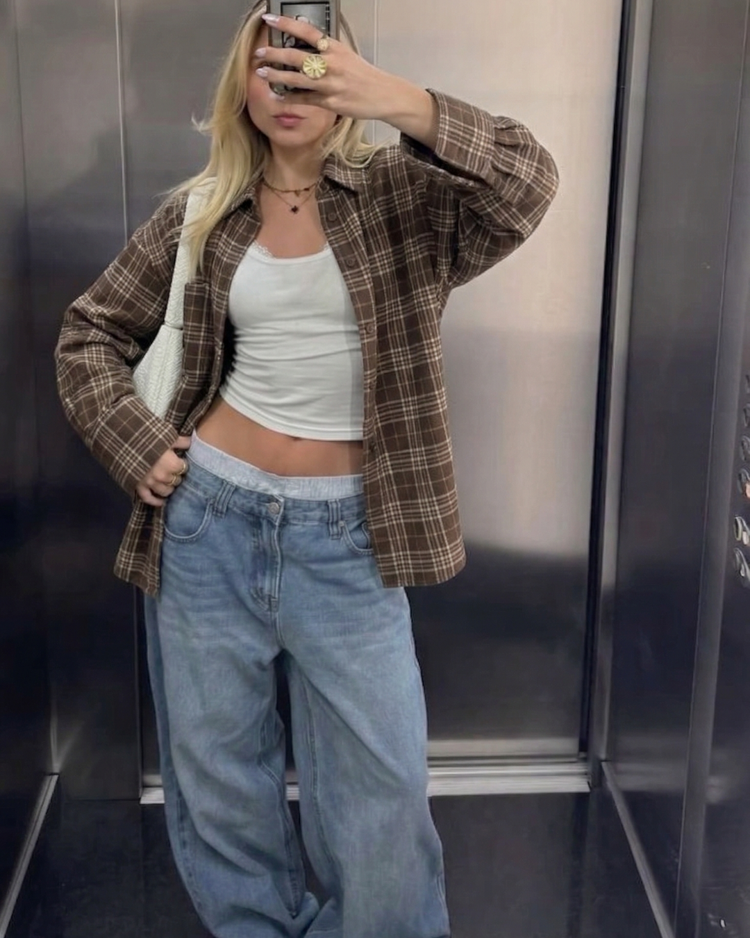 Kahverengi Oversize Ekose Desenli Oversize Gömlek
