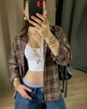 Kahverengi Oversize Ekose Desenli Oversize Gömlek