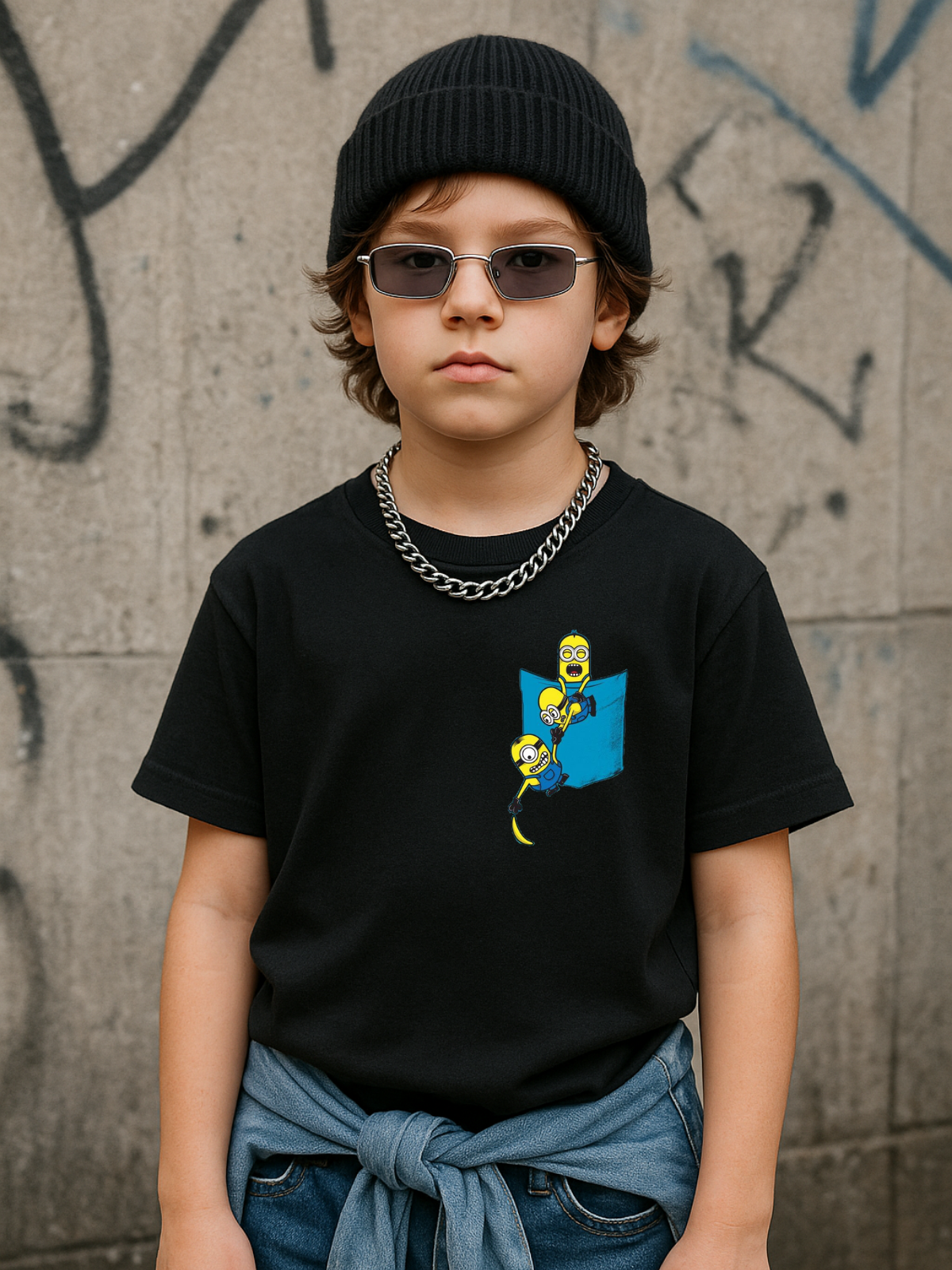 Minion Baskılı Kids Siyah Unisex Oversize T-Shirt