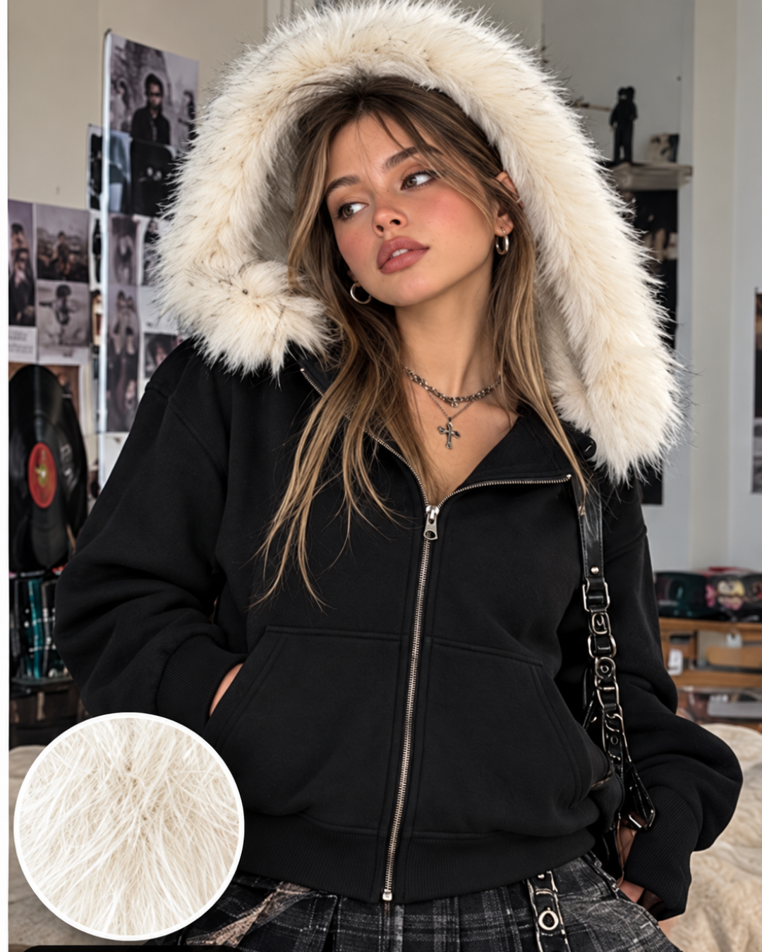 Kürk Detaylı Regular Fit Zip Hoodie Fermuarlı Sweatshirt