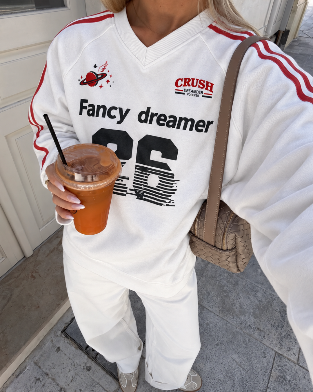 Oversize Fancy Dreamer 26 Baskılı V Yaka Sweatshirt