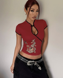 Mandarin Yaka Ejderha Motifli Vintage Crop