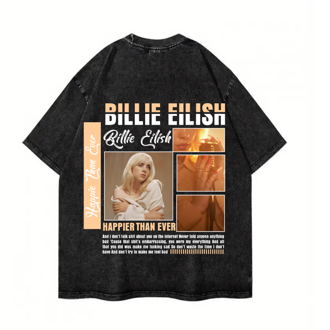 Yıkamalı Billie Eilish Baskılı Unisex Oversize Vintage T-shirt