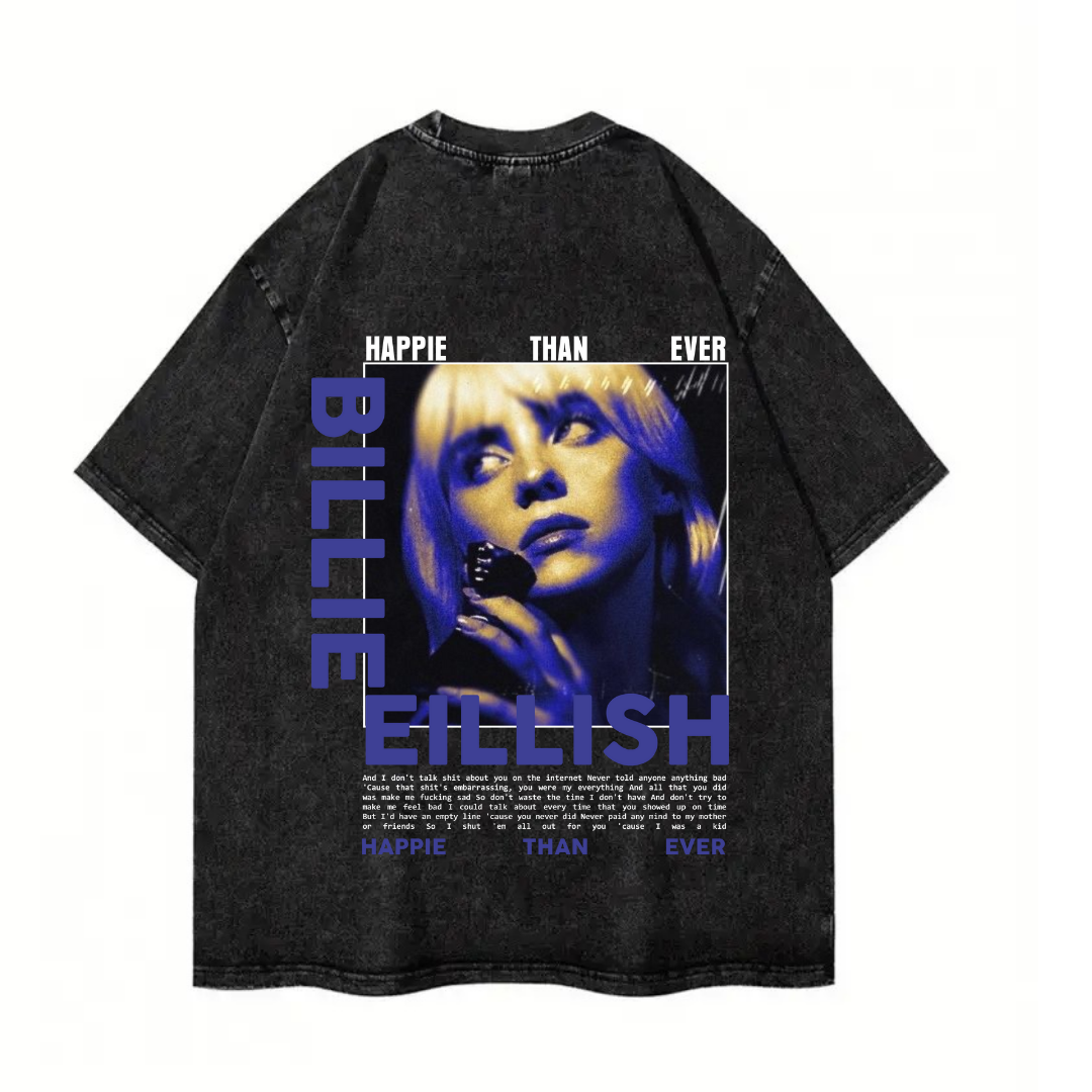 Yıkamalı Billie Eilish Baskılı Unisex Oversize Vintage T-shirt