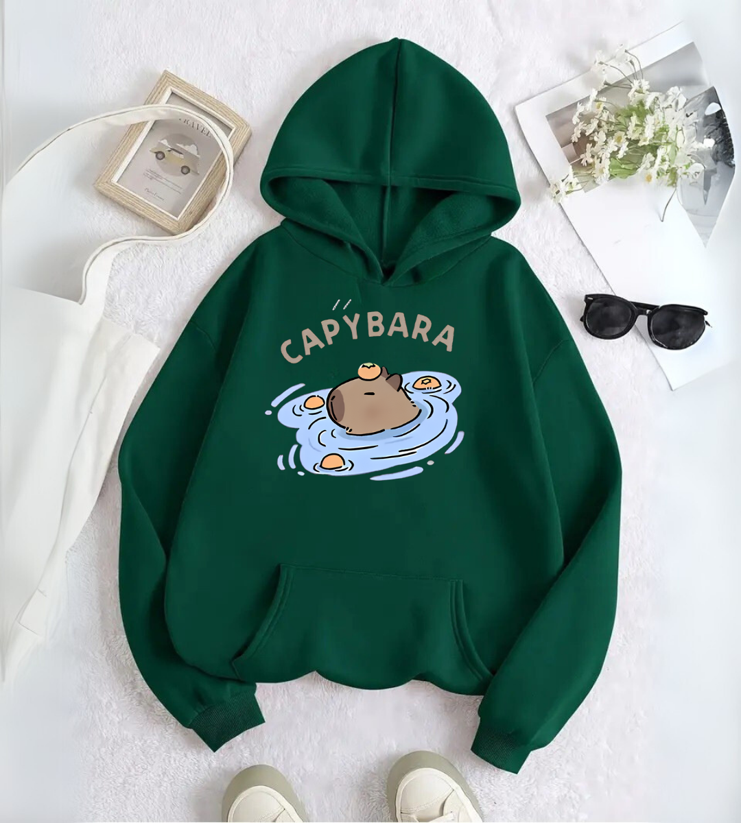 Capybara Detail Baskılı Kapşonlu Sweatshirt