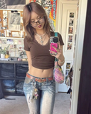 Y2K Kahverengi V Yaka Dantelli Kadın Basic Tişört