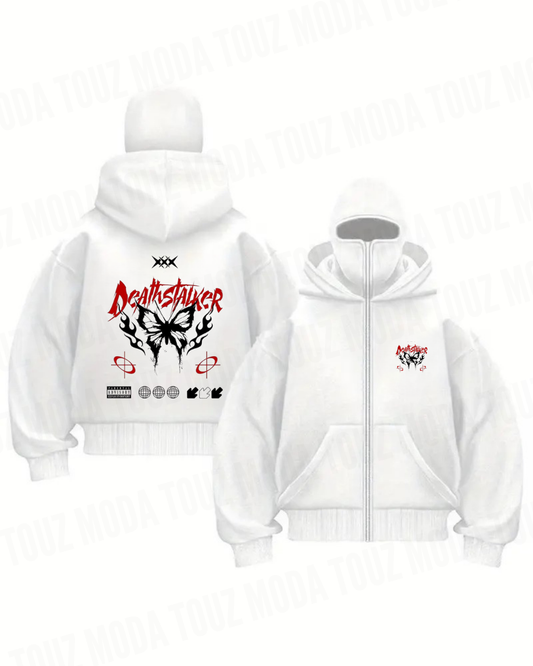 Butterfly Maske Detaylı Oversize Fermuarlı Ecru Unisex Kapüşonlu Hırka