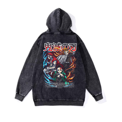 Yıkamalı Kumaş Anime Demon Slayer Kapüşonlu Hoodie Sweatshirt