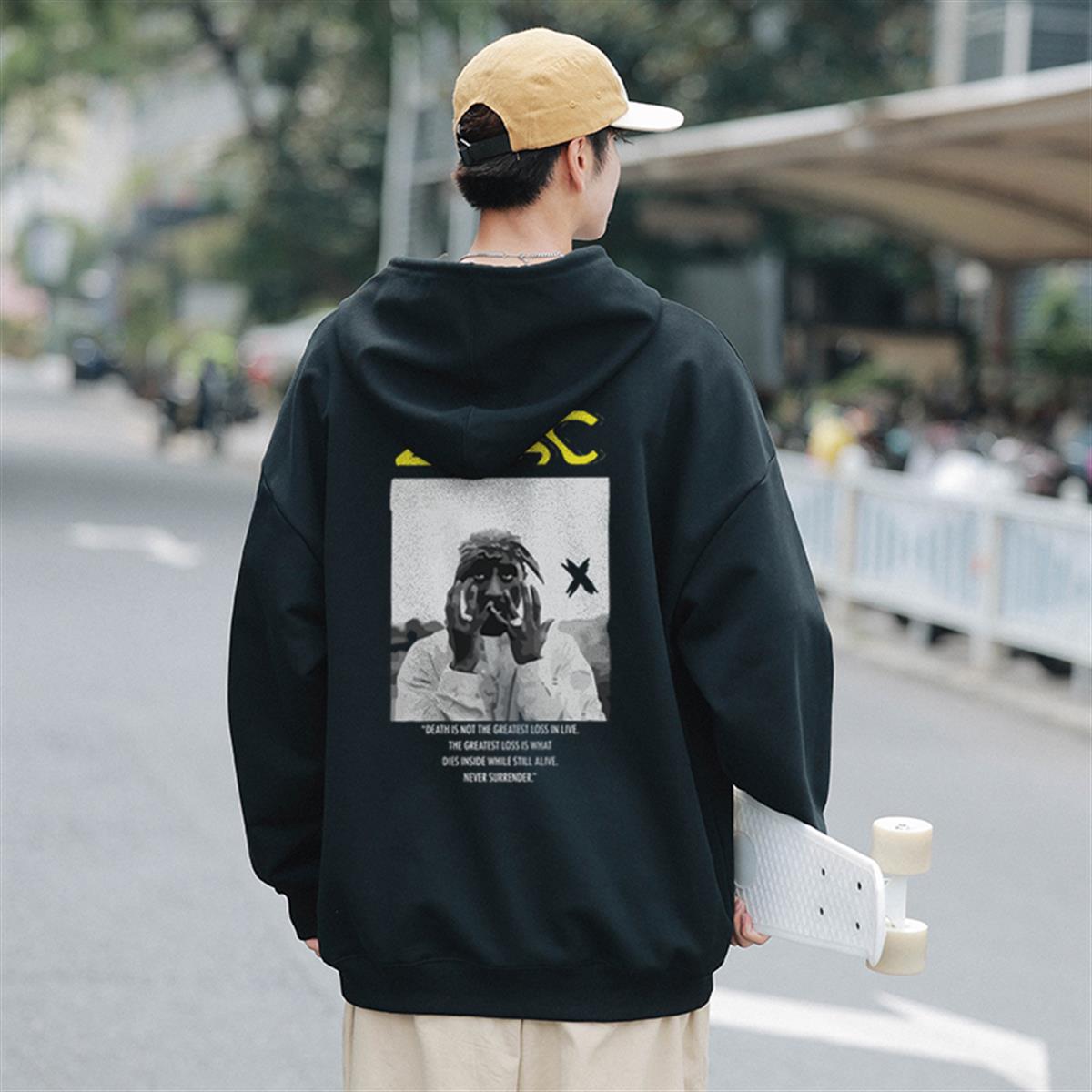 2Pac Baskılı Siyah Unisex Oversize Kapüşonlu Sweatshirt