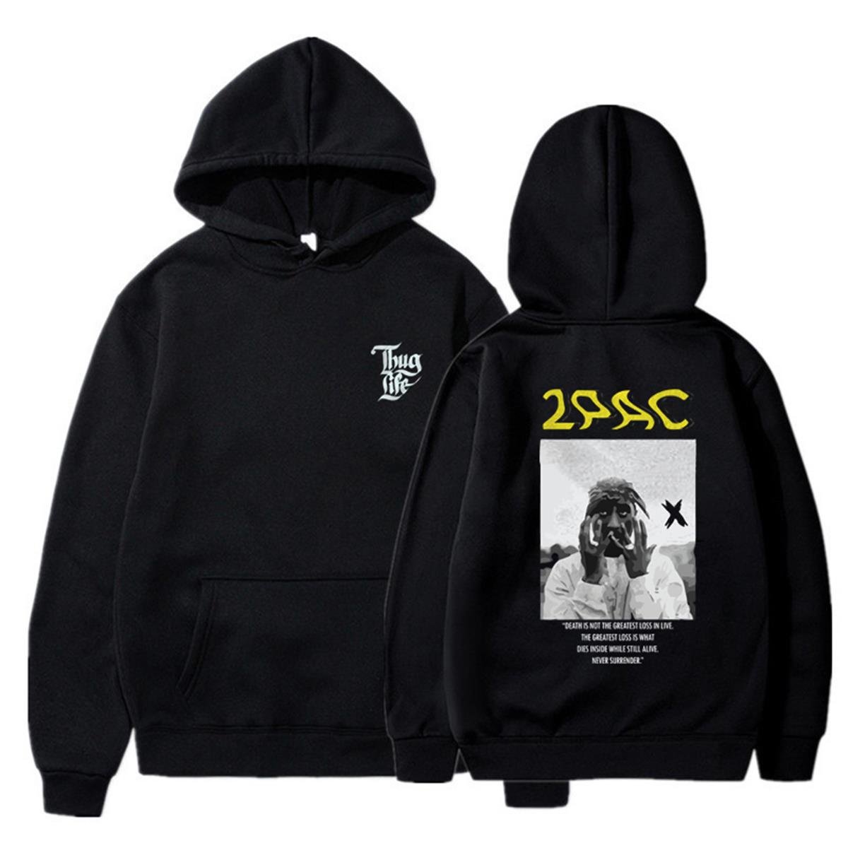 2Pac Baskılı Siyah Unisex Oversize Kapüşonlu Sweatshirt