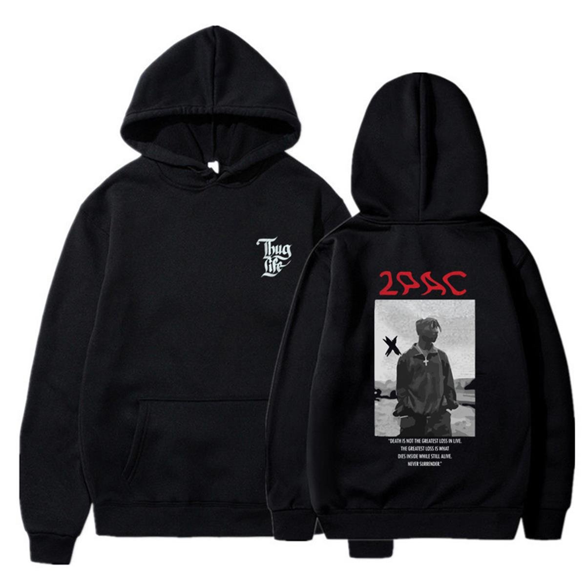 2Pac Shakur Baskılı Siyah Unisex Oversize Kapüşonlu Sweatshirt