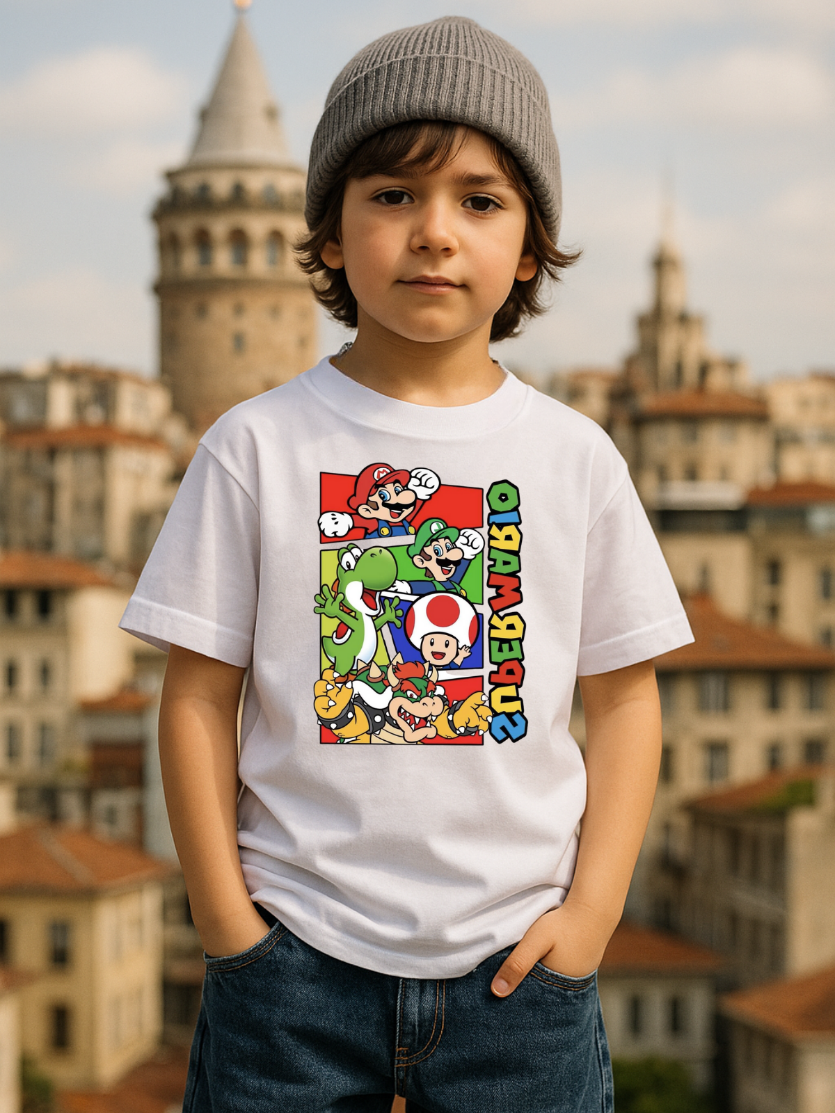 Mario Baskılı Kids Beyaz Unisex Oversize T-Shirt