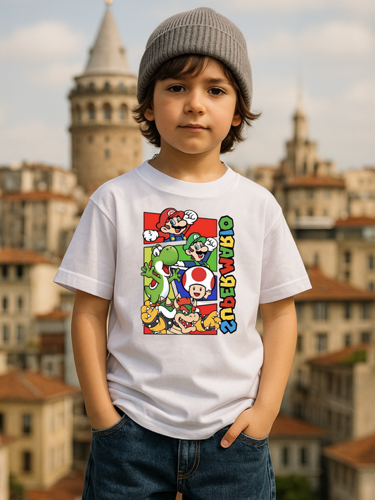 Mario Baskılı Kids Beyaz Unisex Oversize T-Shirt