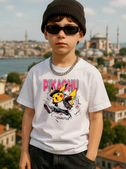 Pikachu Baskılı Kids Beyaz Unisex Oversize T-Shirt