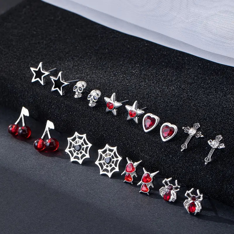 9 Çift Gothic Red Küpe Seti