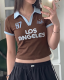 Retro Los Angeles Kahverengi Kısa Kol Crop Bluz
