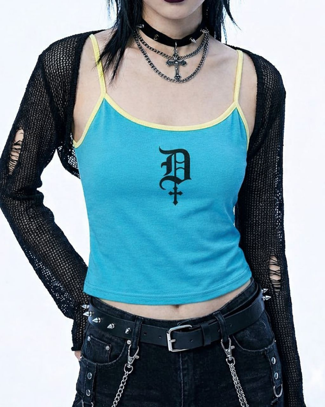 Mavi Gothic Design Retro Askılı Croptop