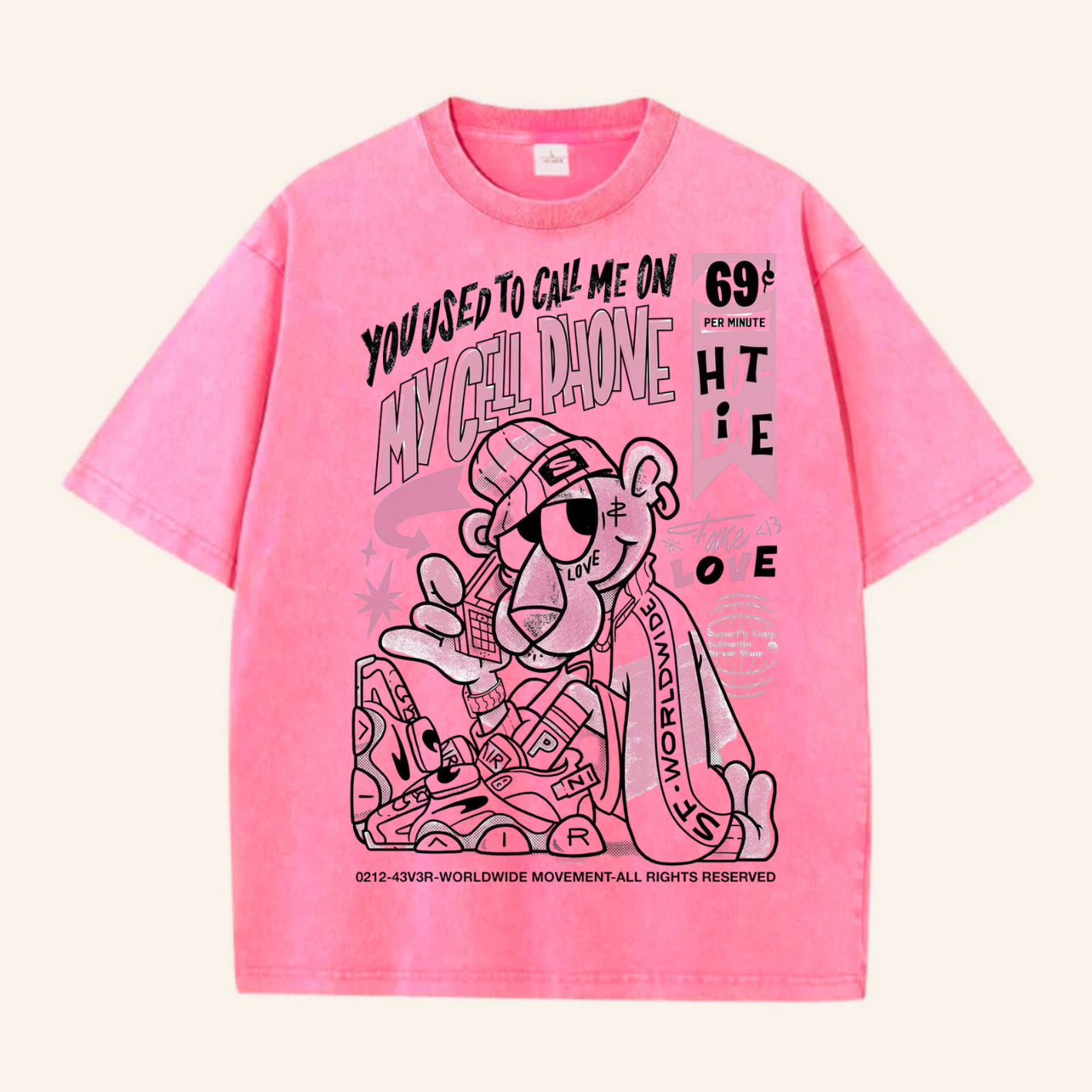Yıkamalı Pink Panter Oversize Vintage T-shirt