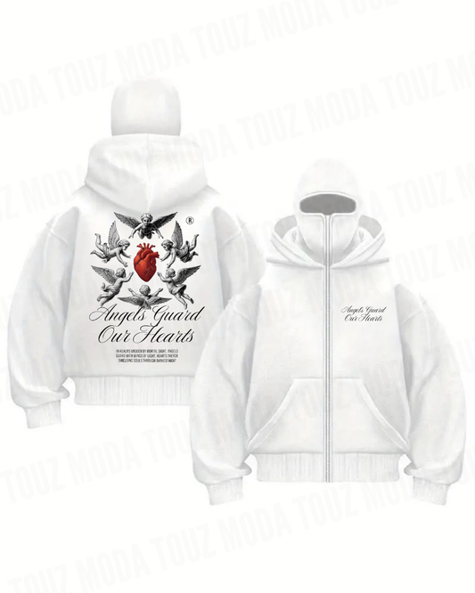 Heart Maske Detaylı Oversize Fermuarlı Ecru Unisex Kapüşonlu Hırka