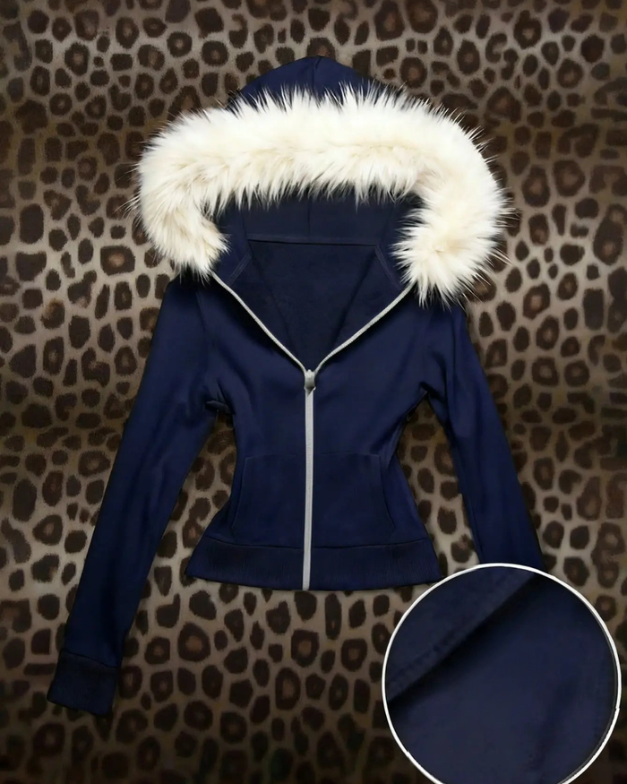 Lacivert Basic Luxury Fur Hooded Zip-Up Hoodie