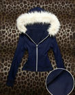 Lacivert Basic Luxury Fur Hooded Zip-Up Hoodie