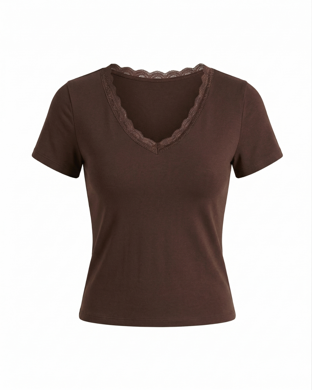 Y2K Kahverengi V Yaka Dantelli Kadın Basic Tişört