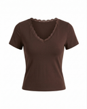 Y2K Kahverengi V Yaka Dantelli Kadın Basic Tişört
