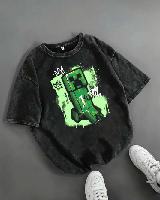 Yıkamalı Creeper Baskılı Oversize Vintage Tshirt