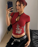 Mandarin Yaka Ejderha Motifli Vintage Crop