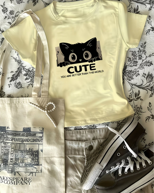 Kemer Boy Sweet Cute Cat Crop Bluz