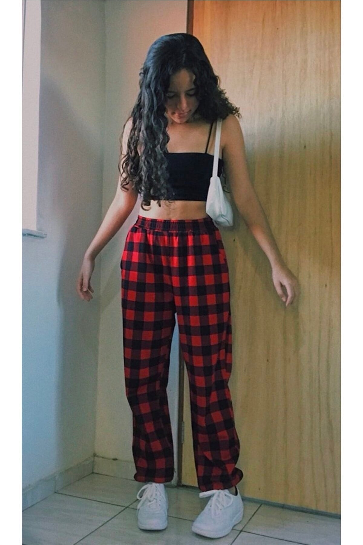 Y2k Unisex Beli Lastikli Detaylı Siyah Beyaz Ekose Pantolon