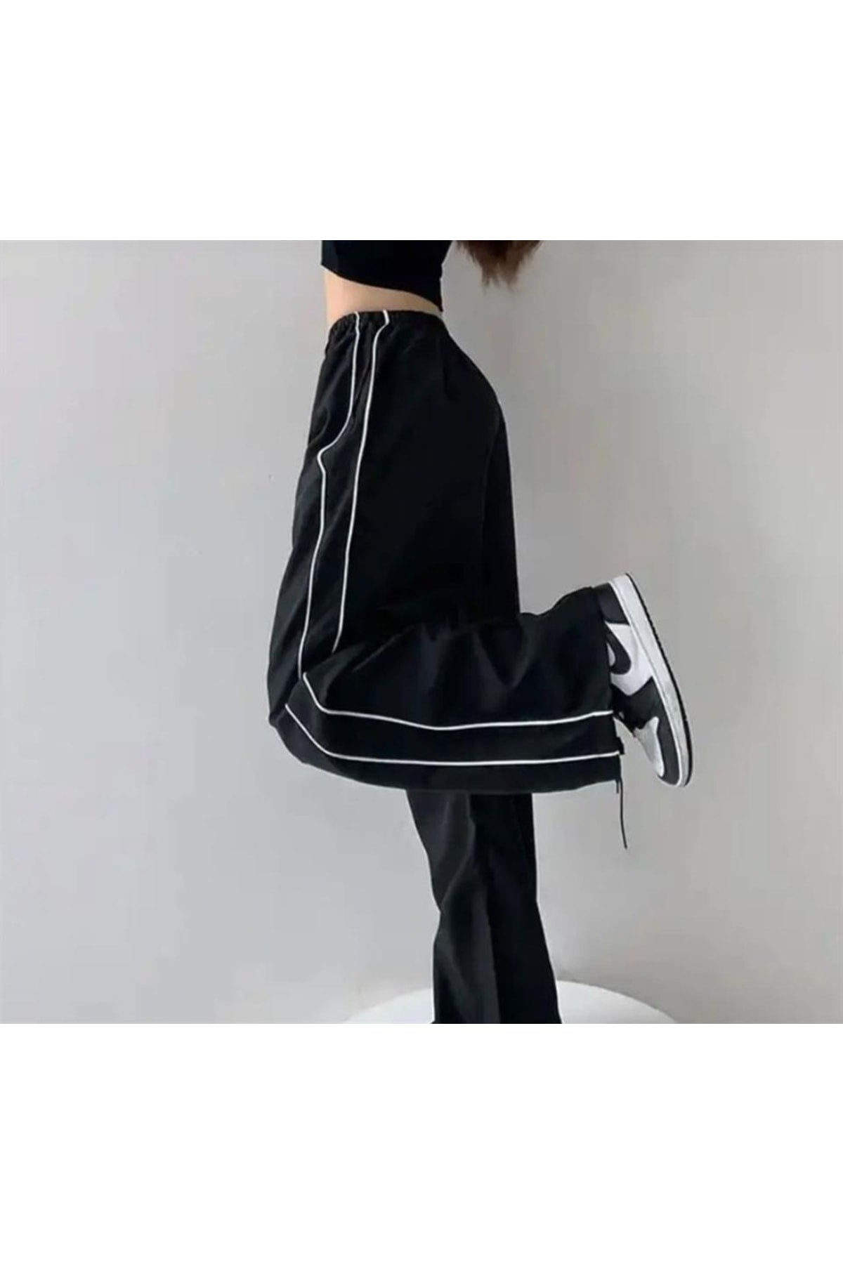 Harajuku Zip Detail Çift Çizgili Black Tracksuit Oversize Eşofman Altı