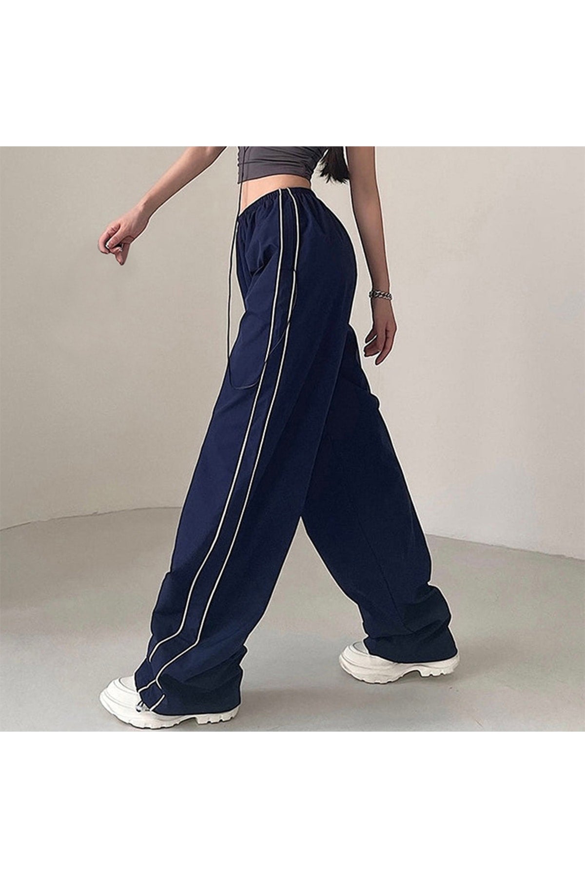 Harajuku Zip Detail Çift Çizgili Tracksuit Oversize Eşofman Altı