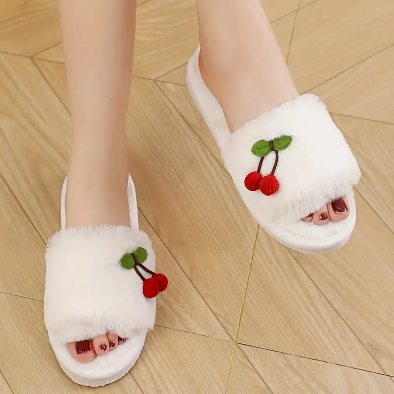 Y2K Cherry Beyaz Peluş Terlik