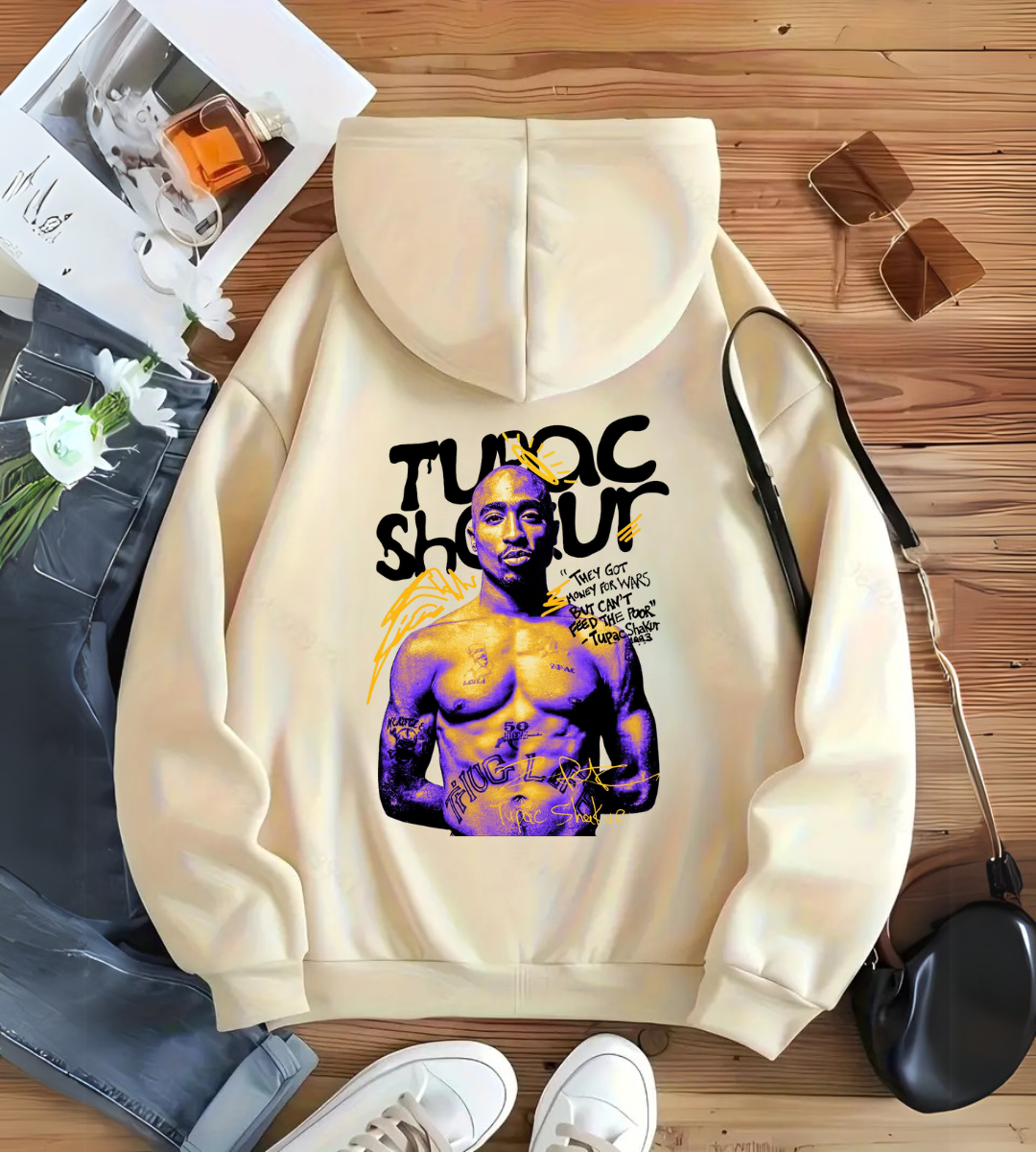 Tupac Detail Baskılı Kapşonlu Sweatshirt