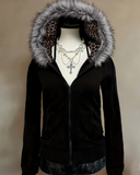 Grunge Stil İçi Leopar Detaylı, Kapüşonu Kürklü Siyah Slim Fit Zip-Up Hırka