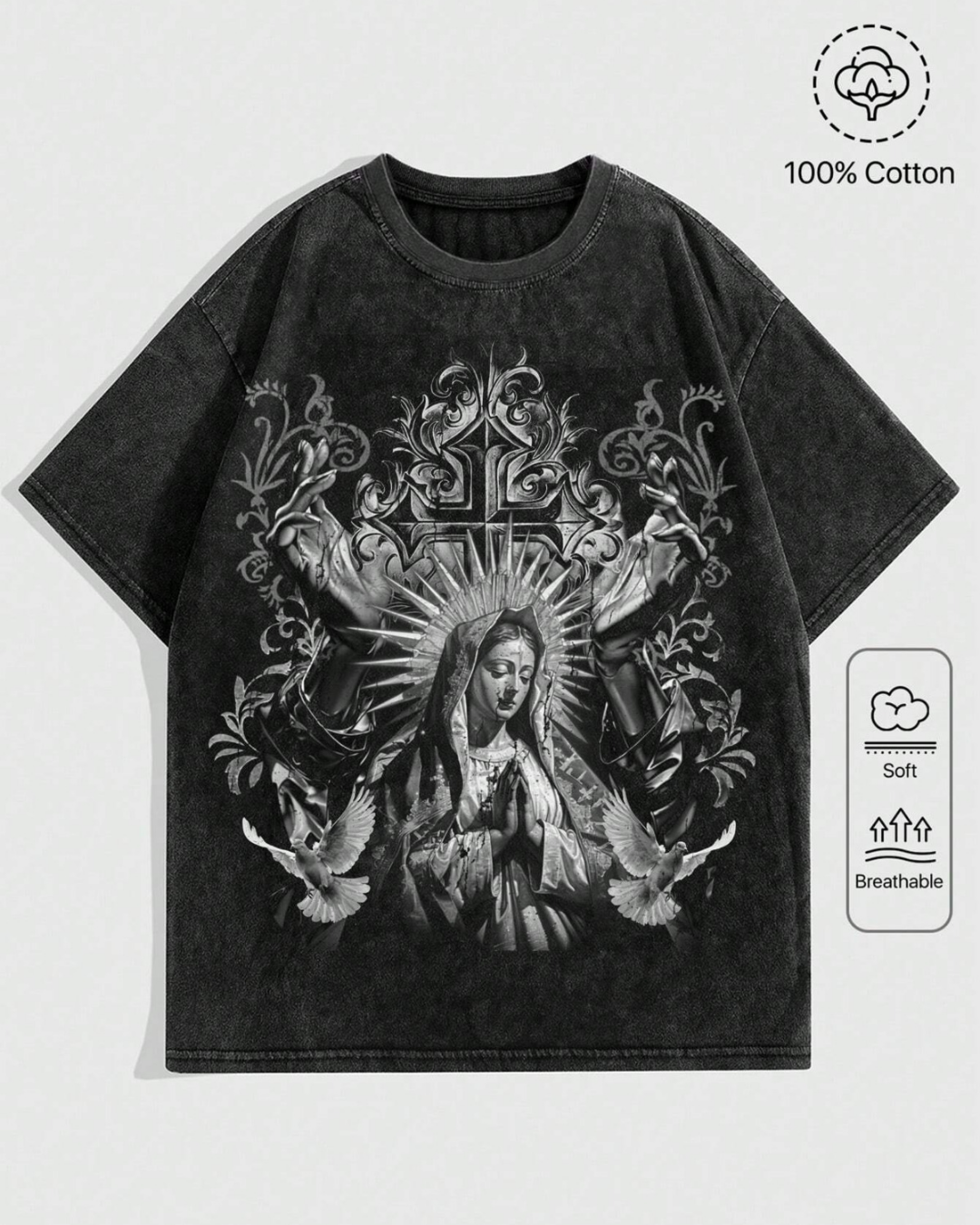 Vintage Gothic Angel Graphic Yıkamalı Oversize T-Shirt