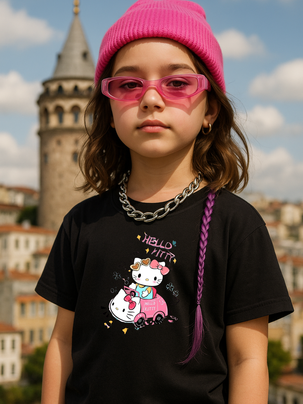 Kitty Baskılı Kids Siyah Unisex Oversize T-Shirt
