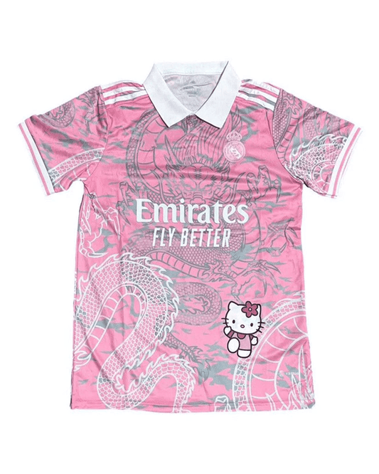 Pembe Kitty Madrid Dragon Jersey Beyaz Düğmeli Yaka T-shirt